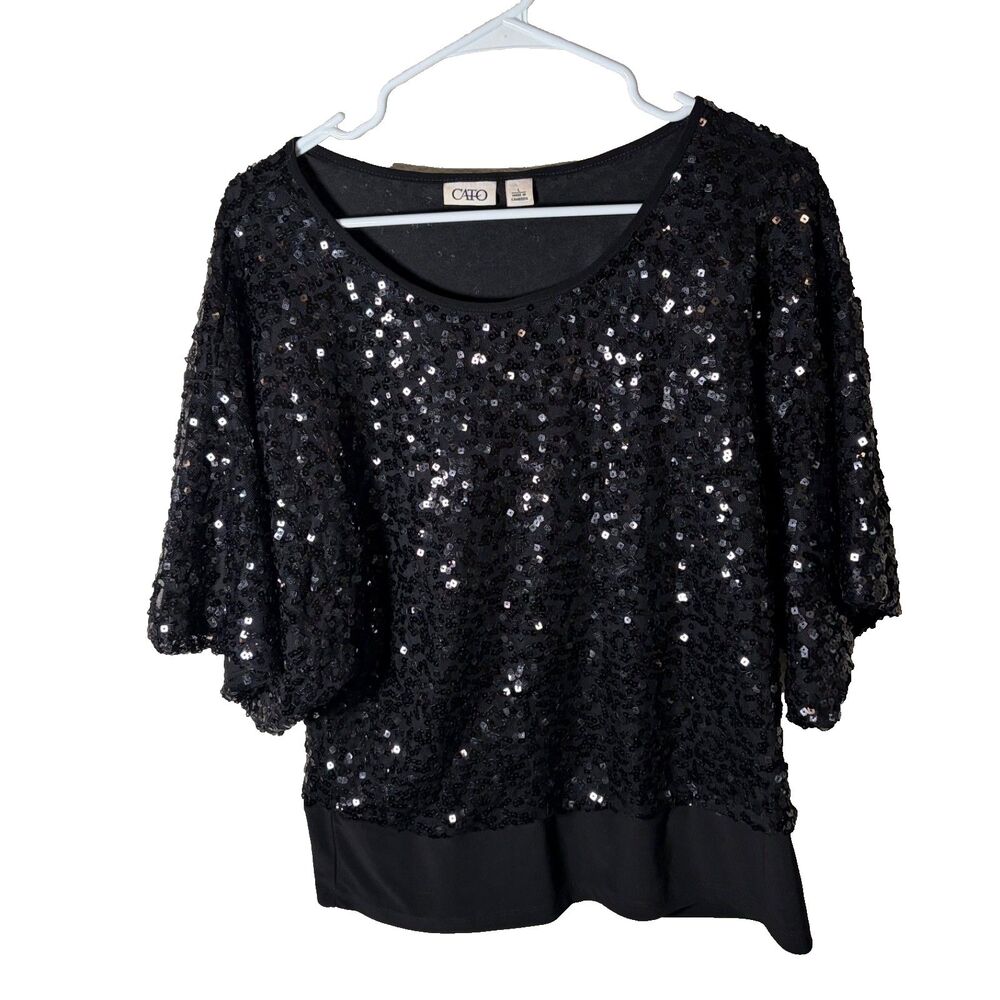 Cato Blouse Women's Large Round Neck Sequin Metallic 3/4 Sleeve Career Shirt Top